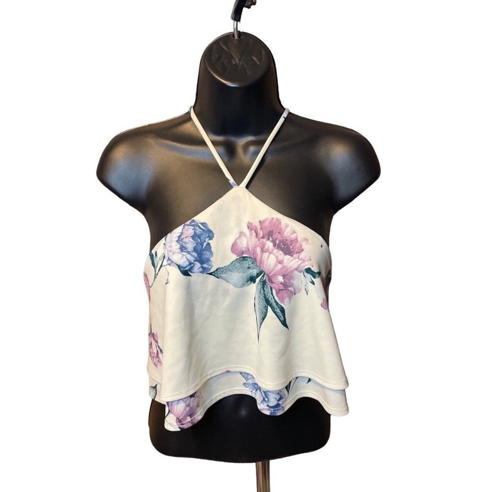 Blue Blush Halter Floral Cropped Top Sz L